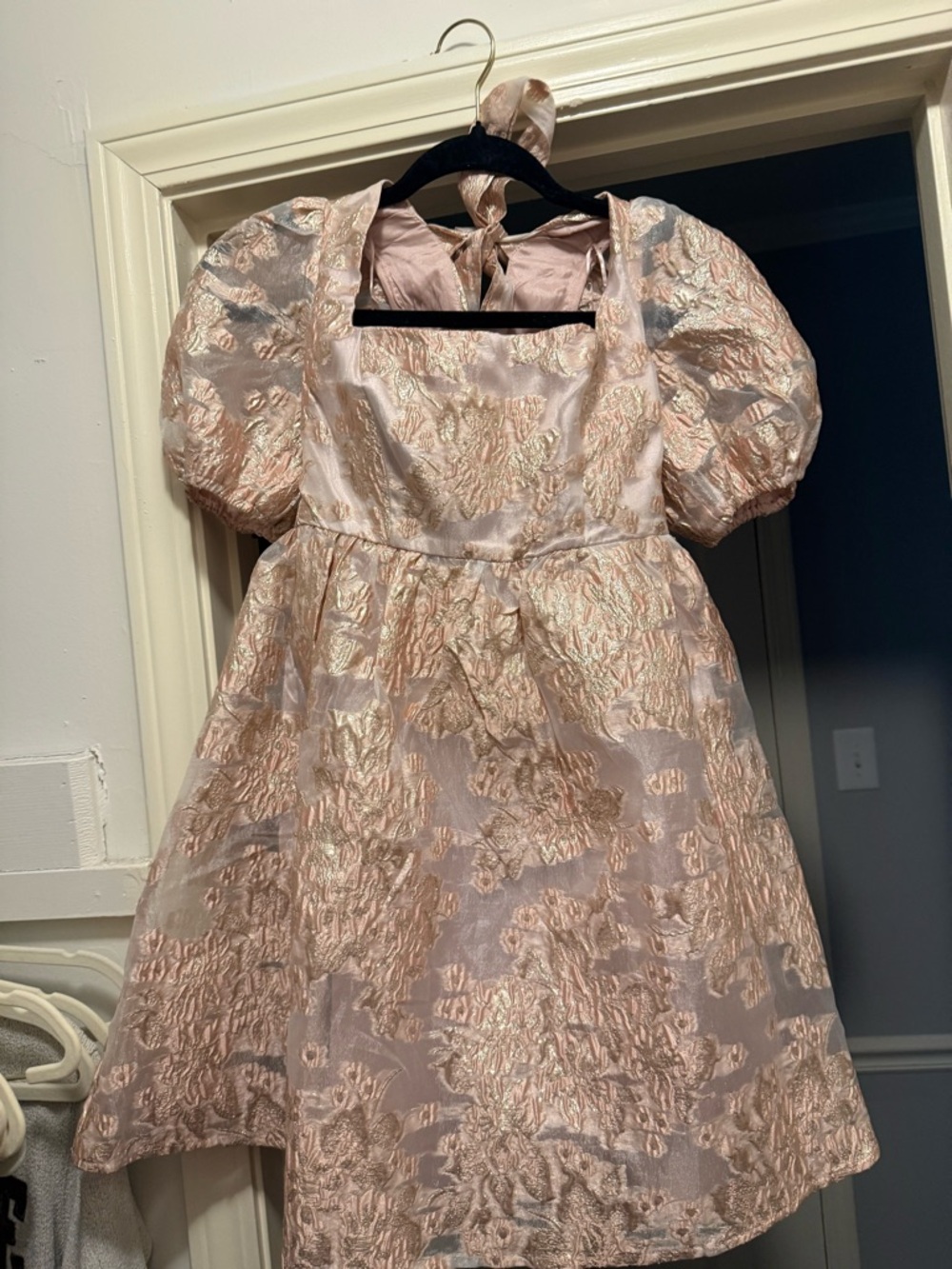 Lena Pink and Gold Brocade Puff-Sleeve Dress
